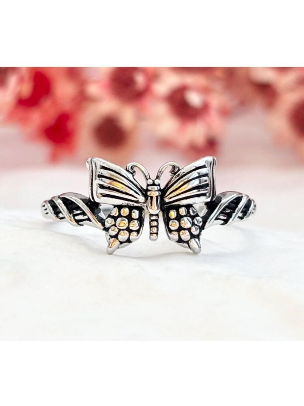 Butterfly Figural Beaded Carved Vintage Sterling Silver 925 Vintage Ring - sz 8